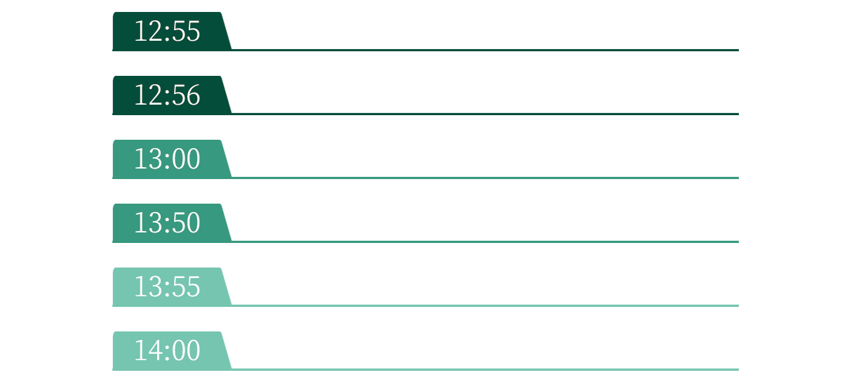 ※13:00〜14:00のレッスンの場合/12:55  インターホンを鳴らし入室/12:56  レッスン料支払い、楽器の組み立て/13:00  レッスン開始/13:50  SNS投稿用の動画等を希望の方は撮影/13:55  楽器の片付け、次回予約相談/14:00  退室/
				